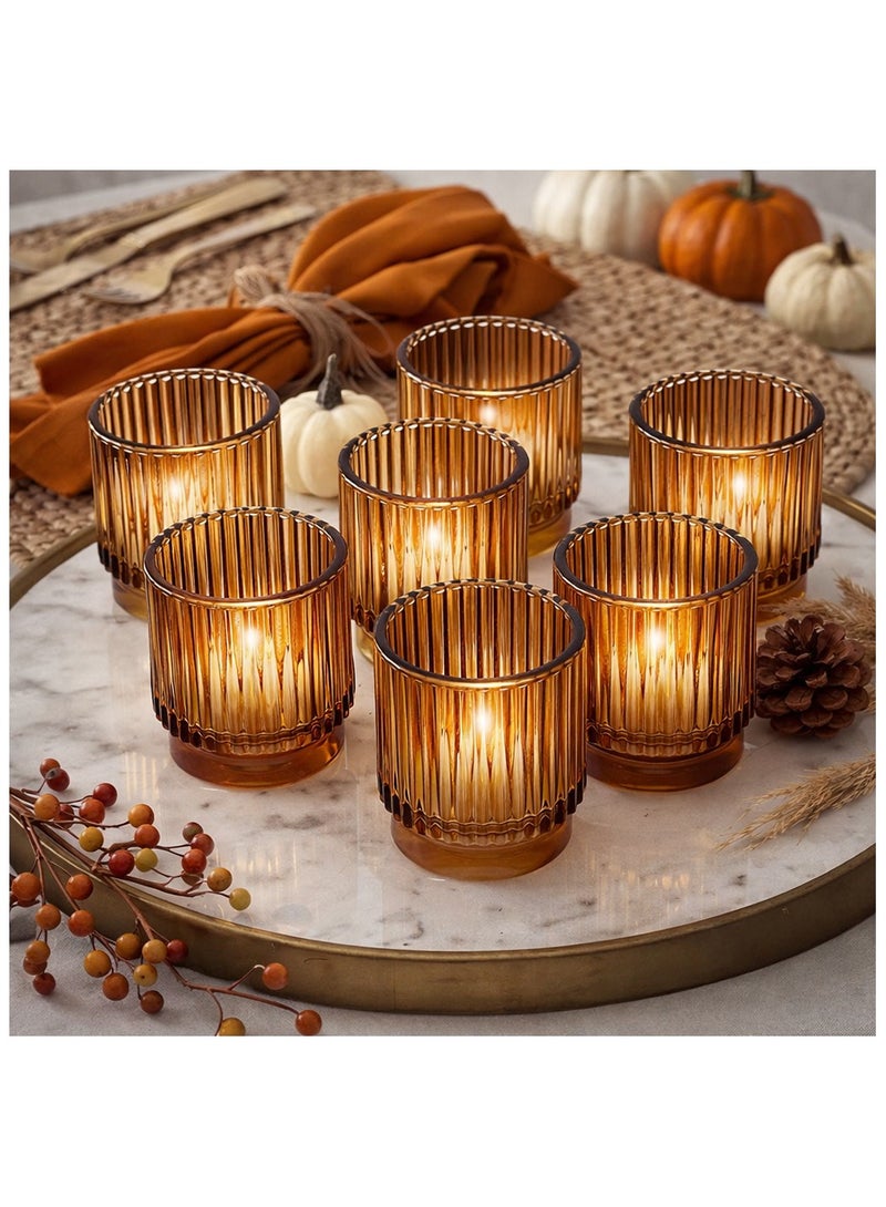 سكاي لينك مجموعة من 6 حوامل شموع زجاجية بلون الكهرمان، حوامل شموع صغيرة مضلعة بقاعدة عمودية، أكواب شموع مزخرفة لحفلات الزفاف، وقطع مركزية للطاولات، وديكور المنزل - Image 1